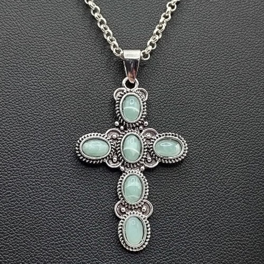 925 Silver Necklace W/ Turquois Cross BOHO Vintage Western Fashion Birthday Gift